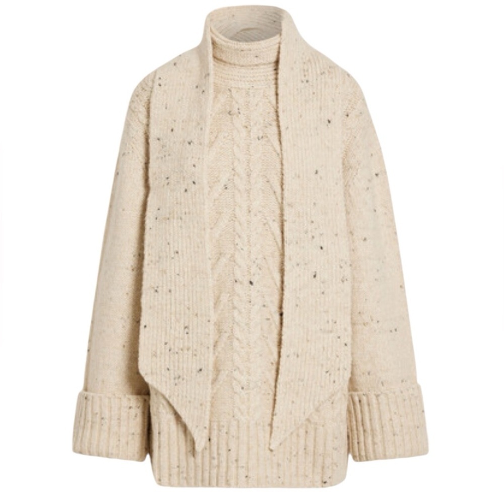 GANNI Beige Ivory Speckled Cable Knit Scarf Sweater Size S/M